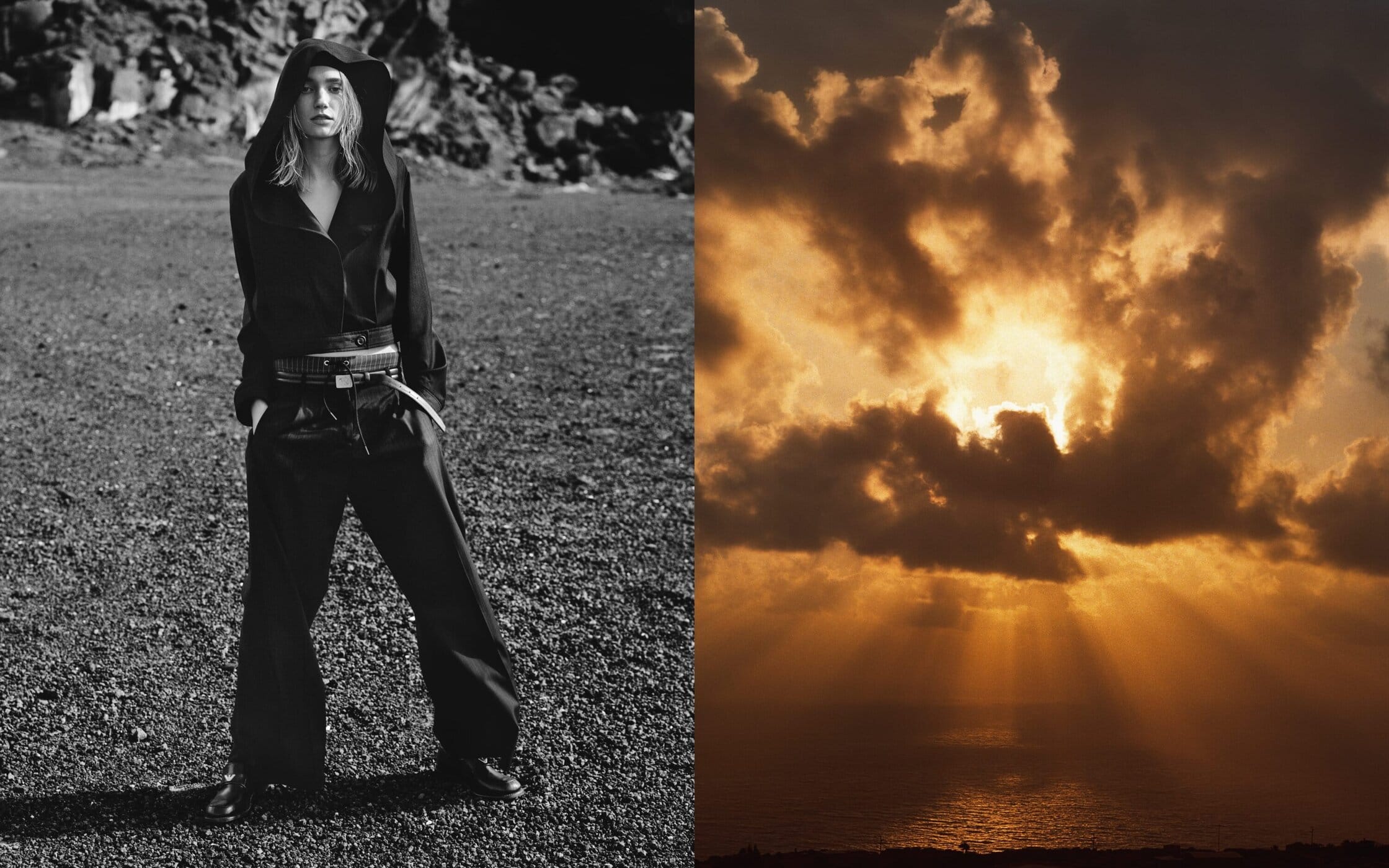 Model in a black hooded jacket and wide trousers standing outdoors against a dark rocky ground for Emporio Armani x Our Legacy Work Shop.