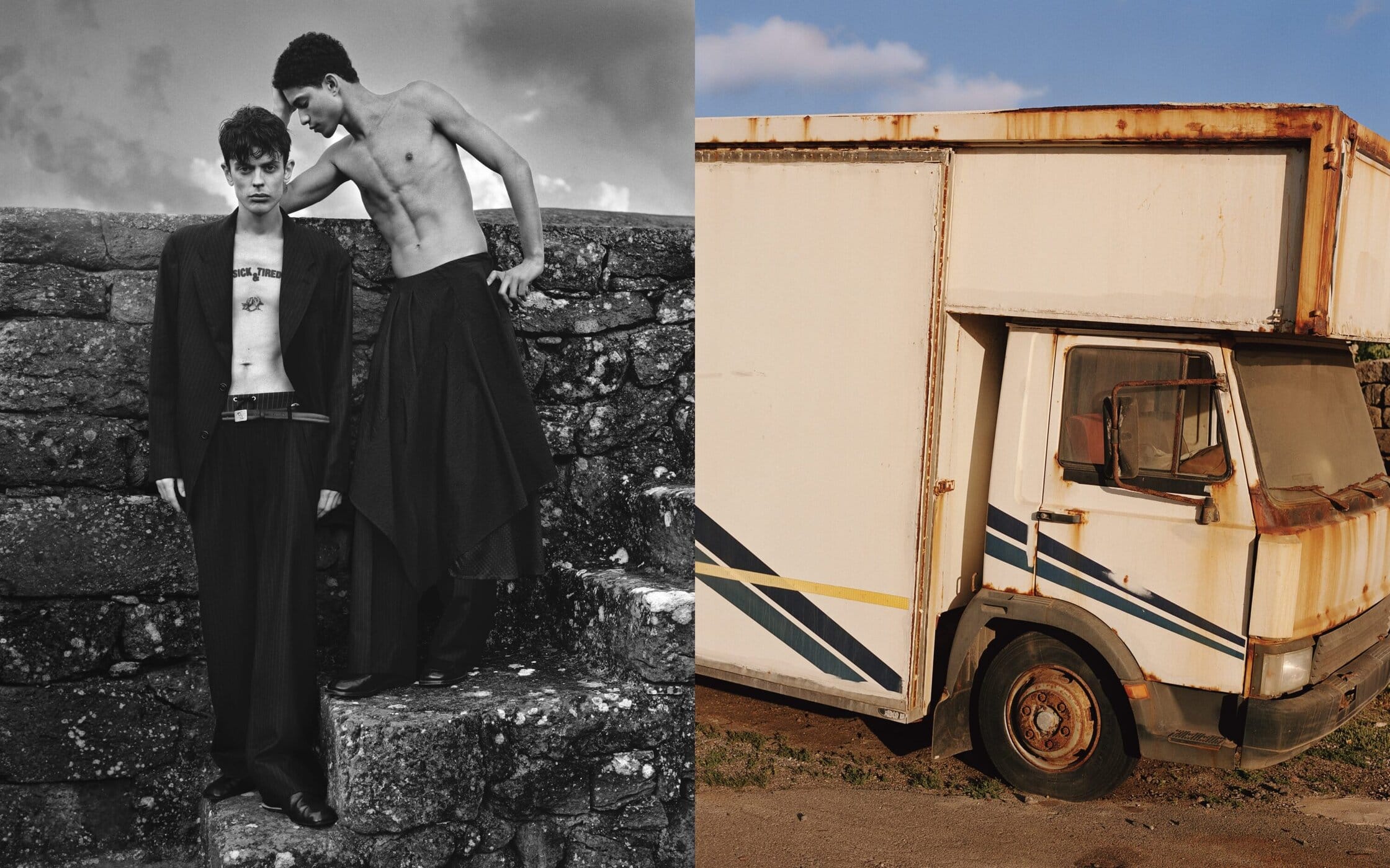 Two male models posing by a stone wall and an old truck for the Emporio Armani x Our Legacy Work Shop Spring 2025 ad campaign.