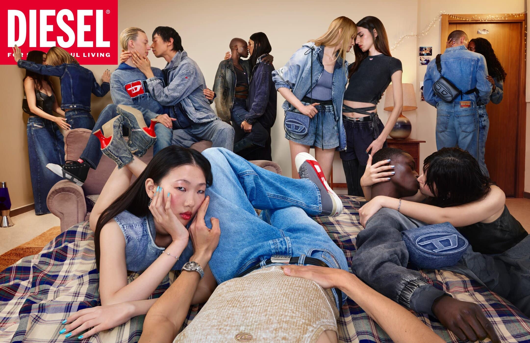 Diesel denim ad campaign featuring multiple diverse couples embracing in a bedroom setting