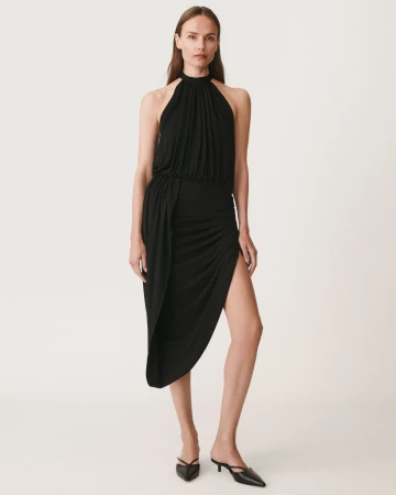 Model in black halterneck midi dress against a plain white background