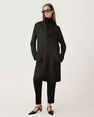 Model in dark sunglasses wearing a long black coat against a neutral white background