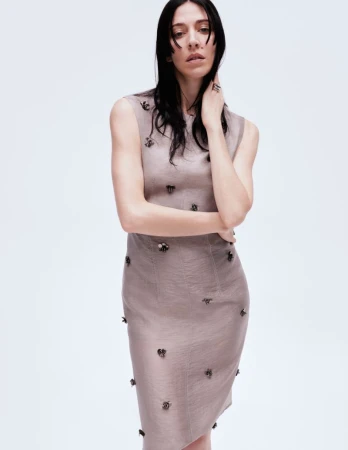 Caroline Polachek wearing a sleeveless taupe dress with dark embellishments against a plain white studio background.