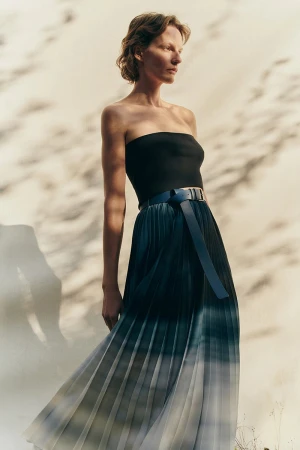 Model wearing a black bandeau top and pleated ombré skirt with a wide belt against a light textured background.