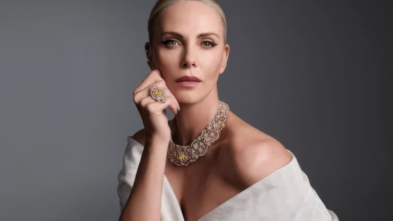 Charlize Theron wearing diamond necklace and ring in Dior High Jewelry Spring 2025 campaign photographed by Mario Sorrenti