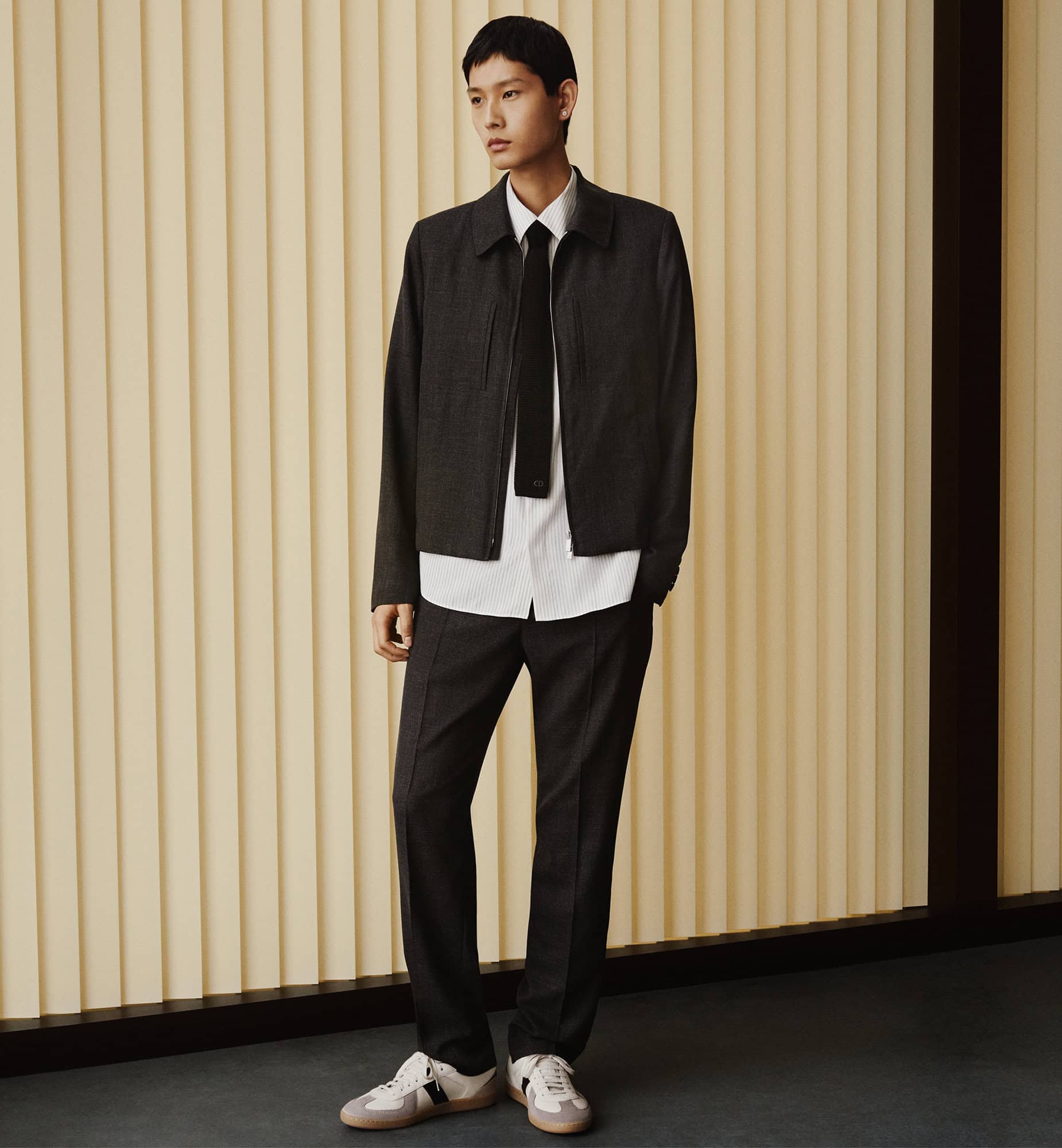 Model in a charcoal jacket, white shirt, and black tie standing against a vertically fluted cream wall for Dior.