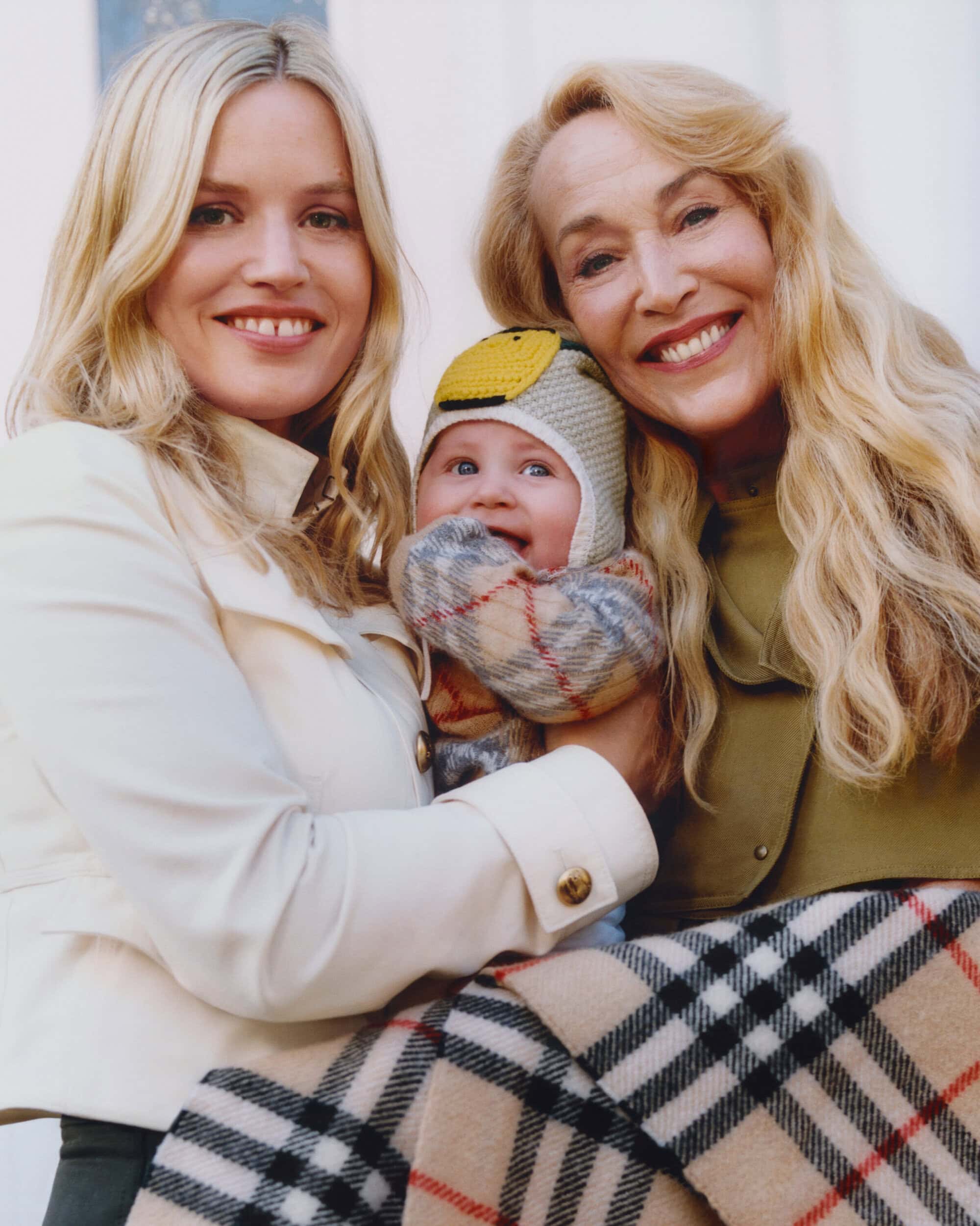 Jerry Hall, Georgia May Jagger, and Elizabeth Jagger posing together for Burberry Mother's Day Ad Campaign photographed by Laura Jane Coulson.