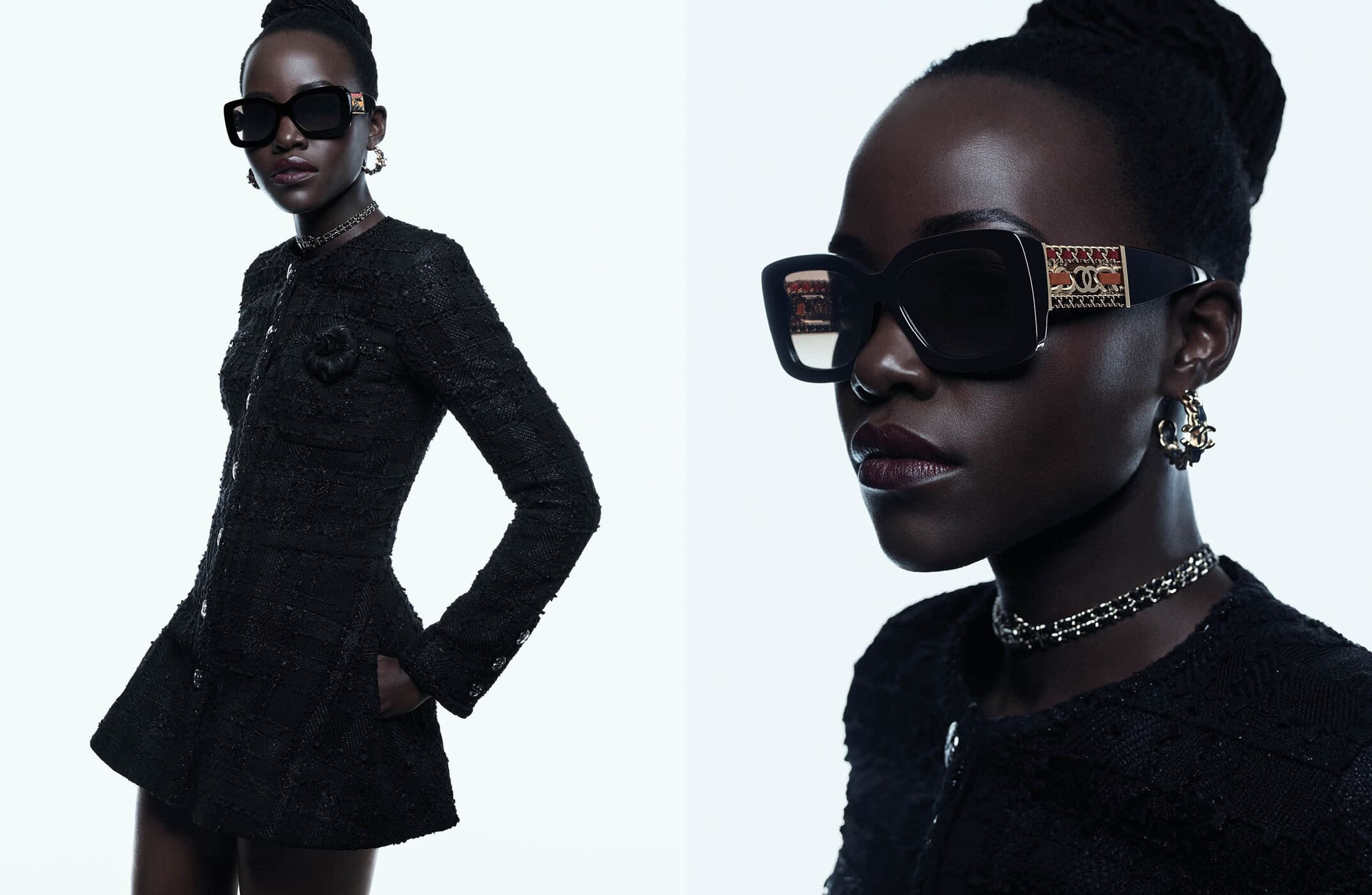 Lupita Nyongo wearing black sunglasses and a dark tweed jacket against a clean white background for Chanel Eyewear Spring 2025.