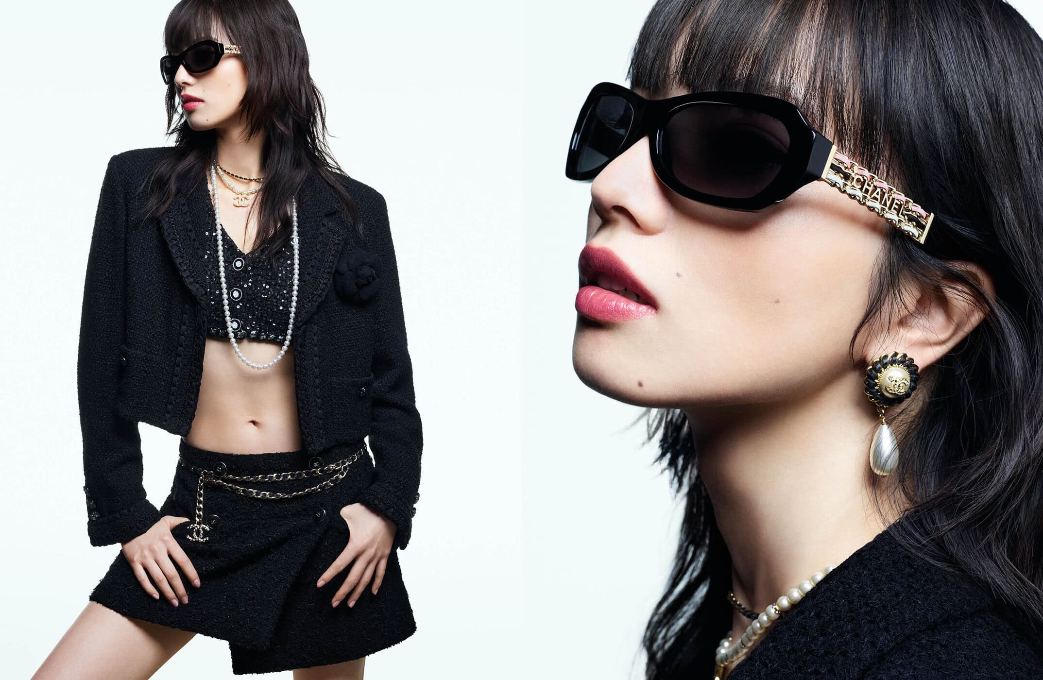 Model Nana Komatsu wearing black sunglasses and a tweed jacket against a white background for Chanel Eyewear Spring 2025 campaign.