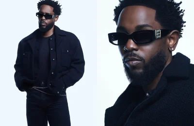 Kendrick Lamar wearing black sunglasses and a dark textured jacket against a white background for Chanel Eyewear Spring 2025 ad campaign.