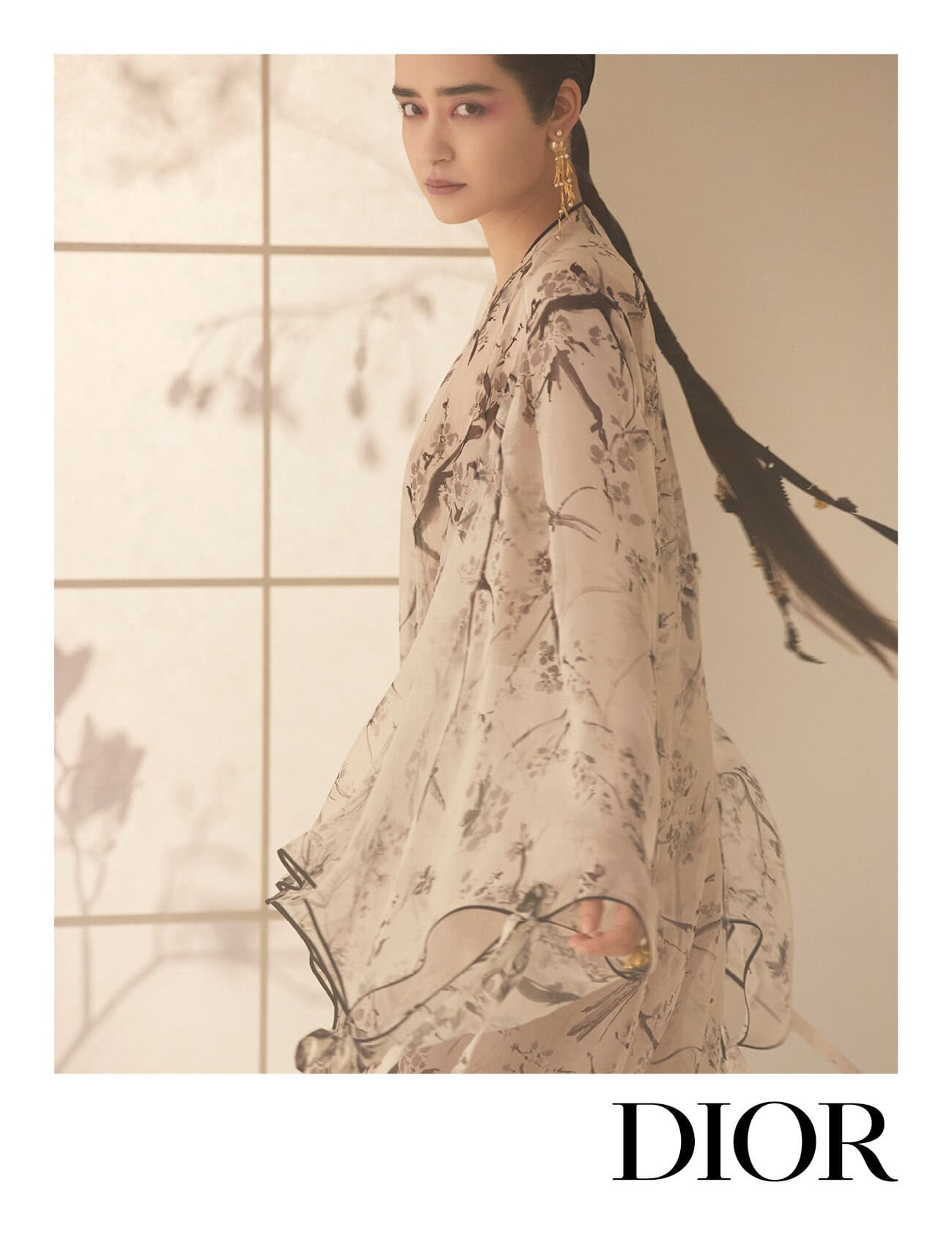 Model in a sheer floral printed dress with long dark hair looking over shoulder in Dior Fall 2025 campaign