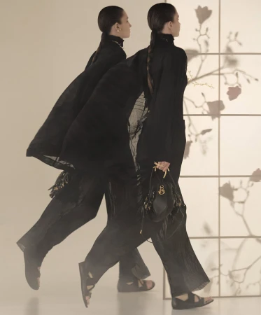 Models in black attire with sheer capes walking past a gridded wall with botanical shadows for Dior Fall 2025 ad campaign.