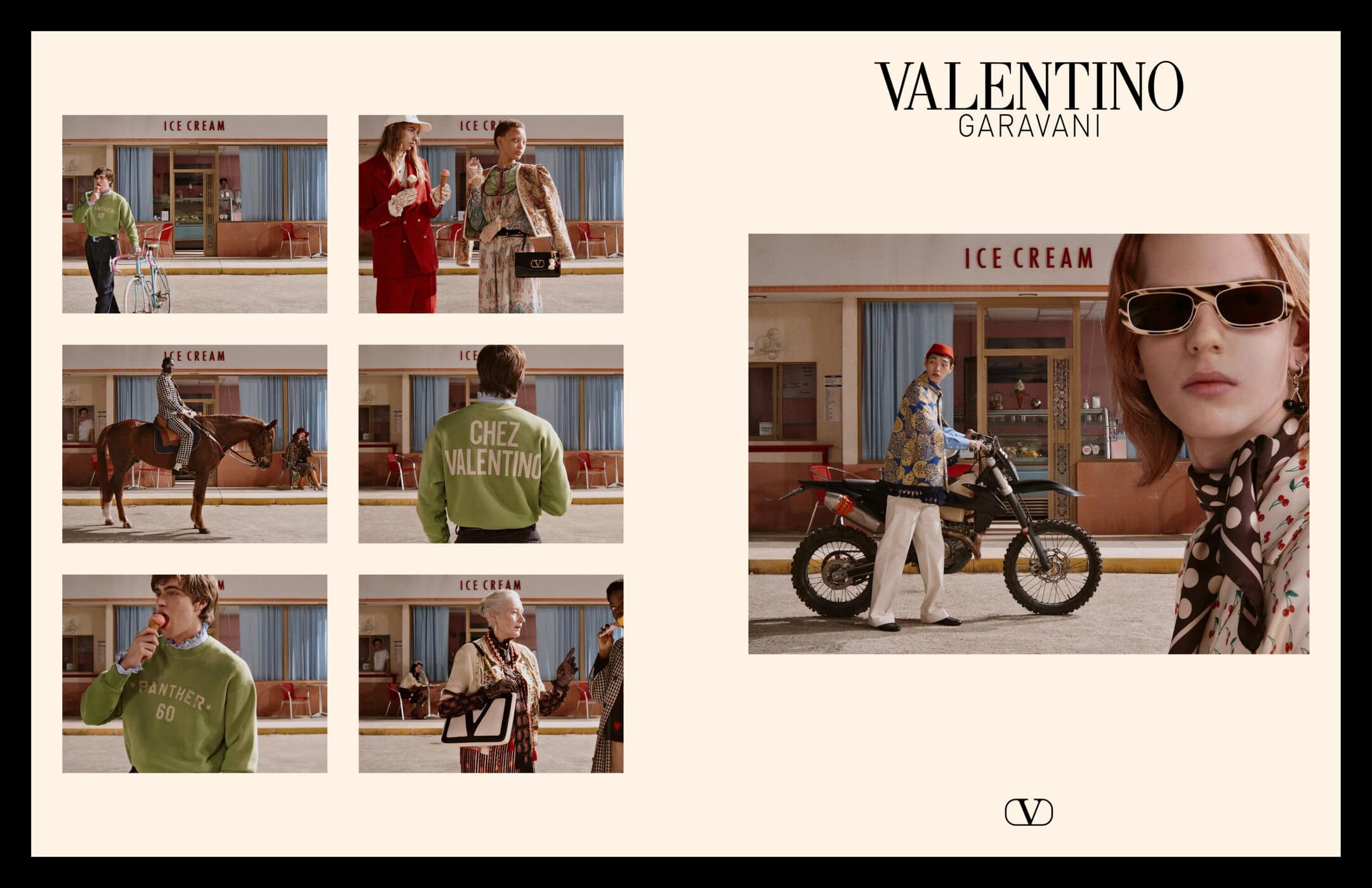 Valentino Garavani Fall 2025 ad campaign layout showing a grid of multiple cinematic frames with models posed outside an ice cream shop