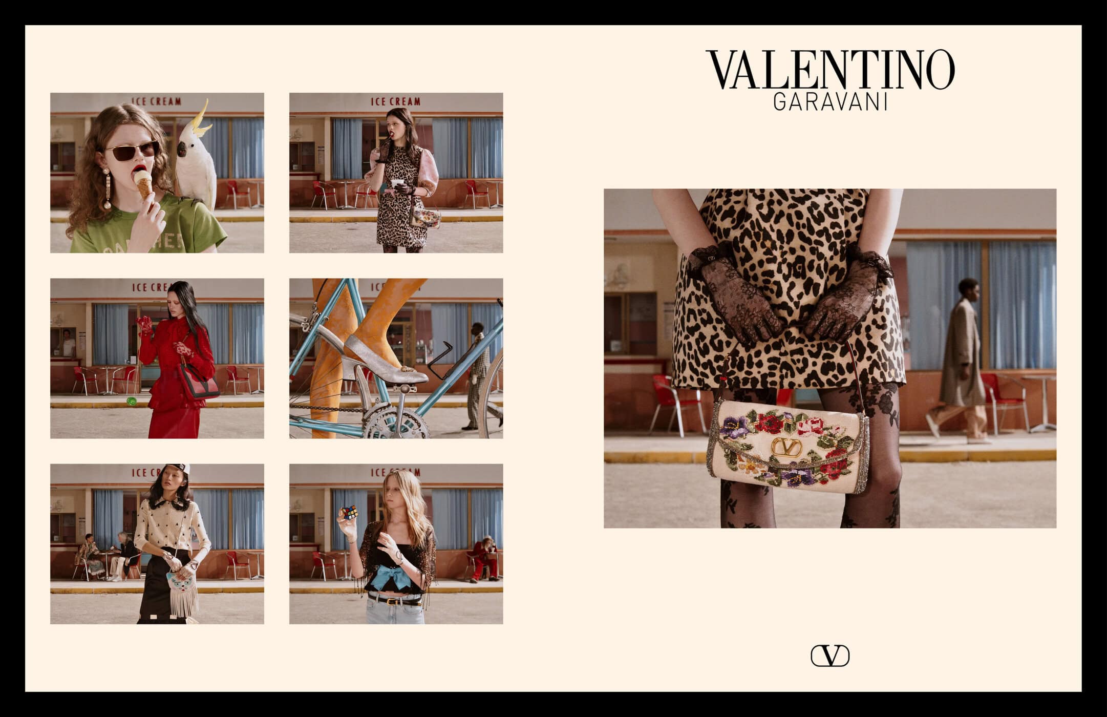 Valentino Garavani campaign layout showing multiple framed stills of models and an embroidered floral handbag against an ice cream diner background.