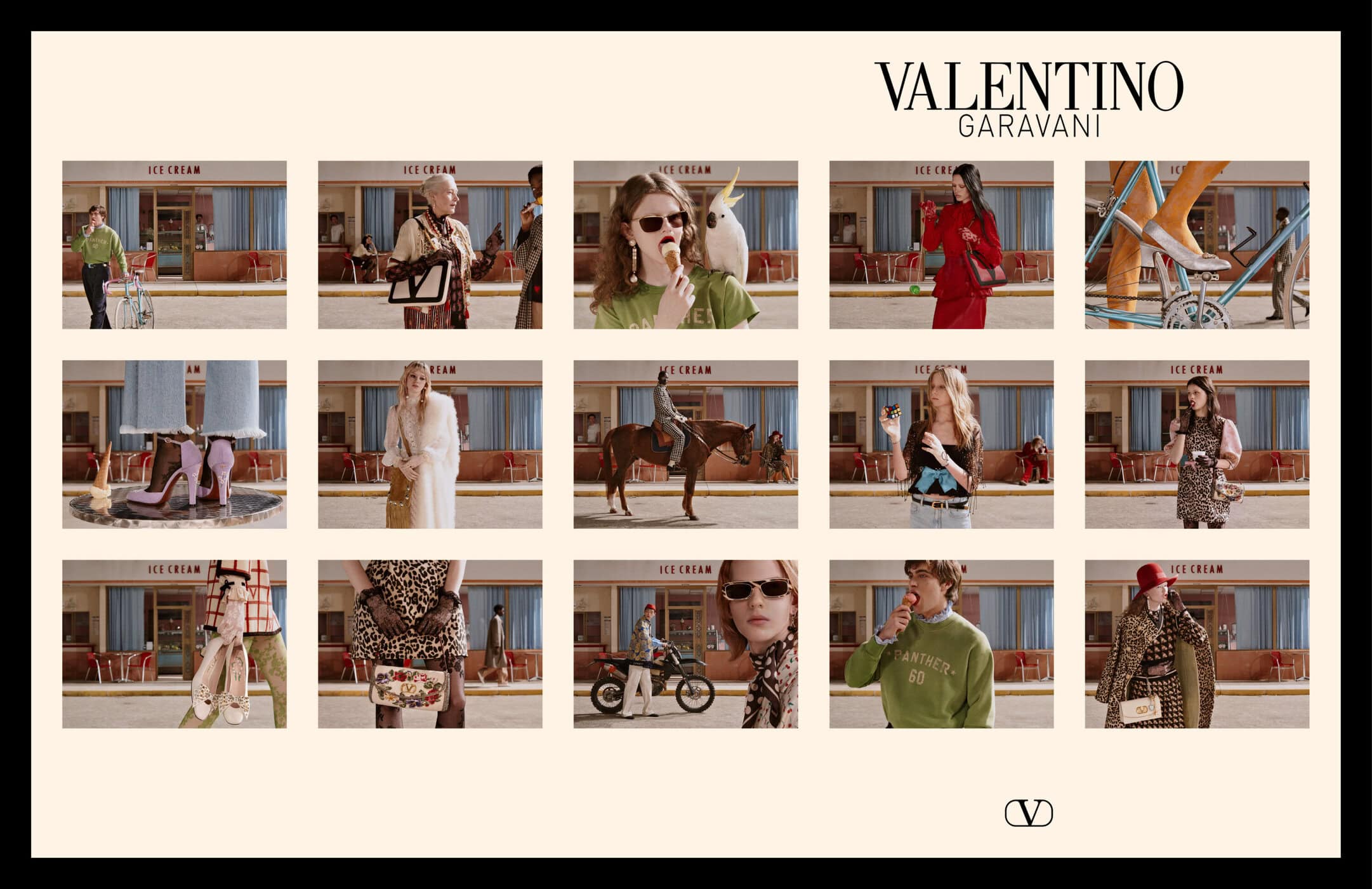 A multi-panel grid of editorial fashion campaign photographs for Valentino Garavani featuring various models, apparel, and props.