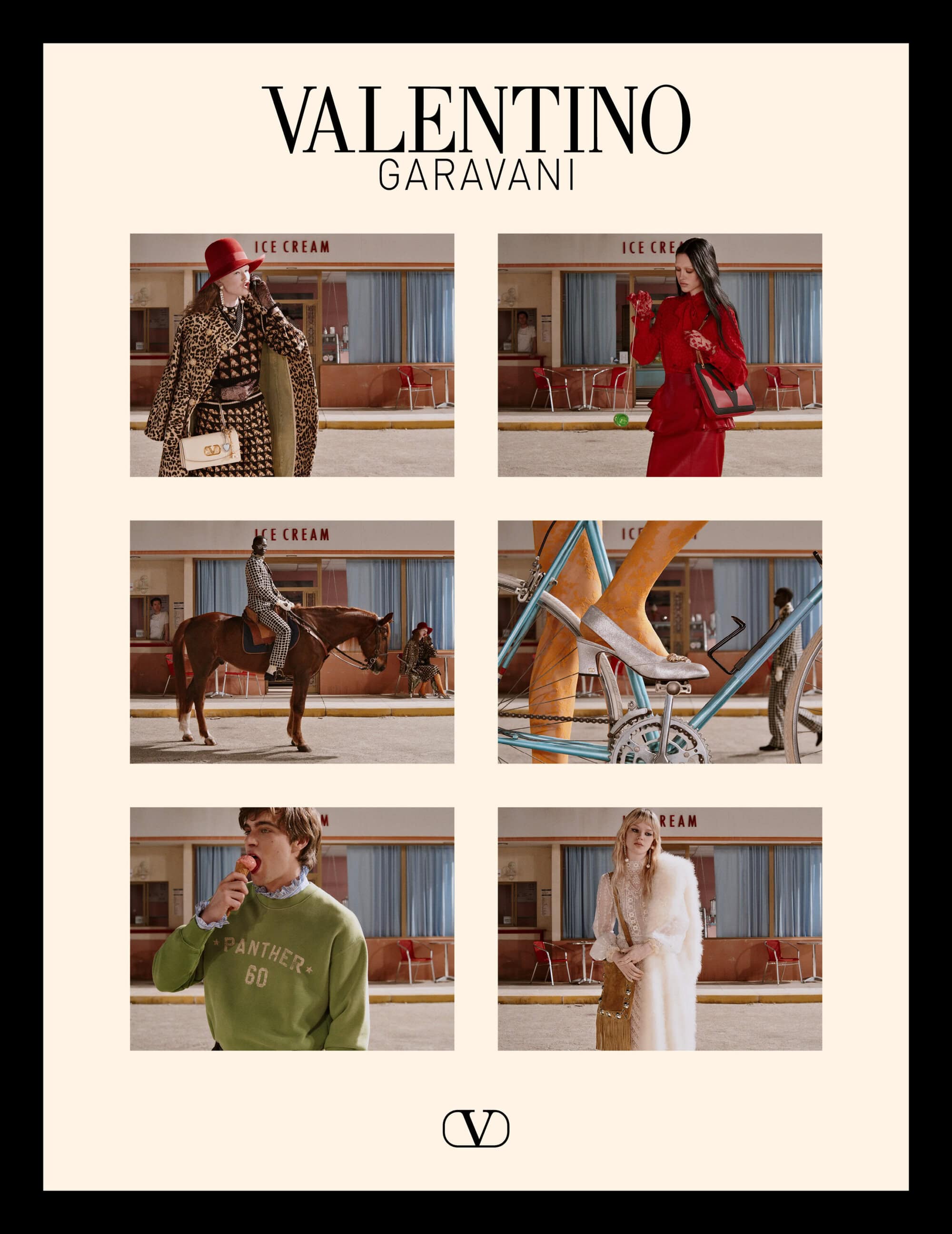 Valentino Garavani ad campaign poster featuring a grid of six scenes with models showcasing fall fashion