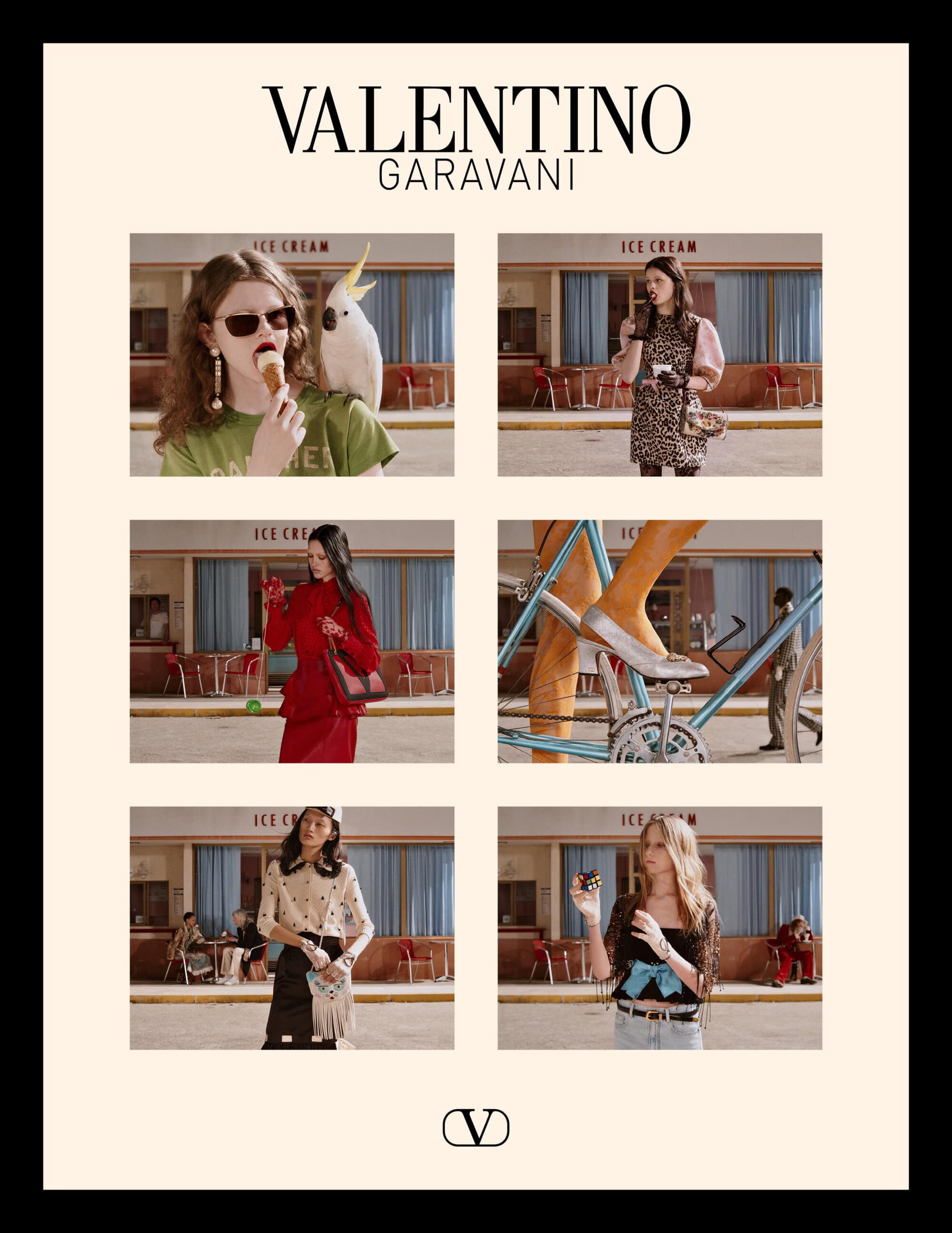 Valentino Garavani ad campaign featuring six image panels of models with accessories outside an ice cream shop