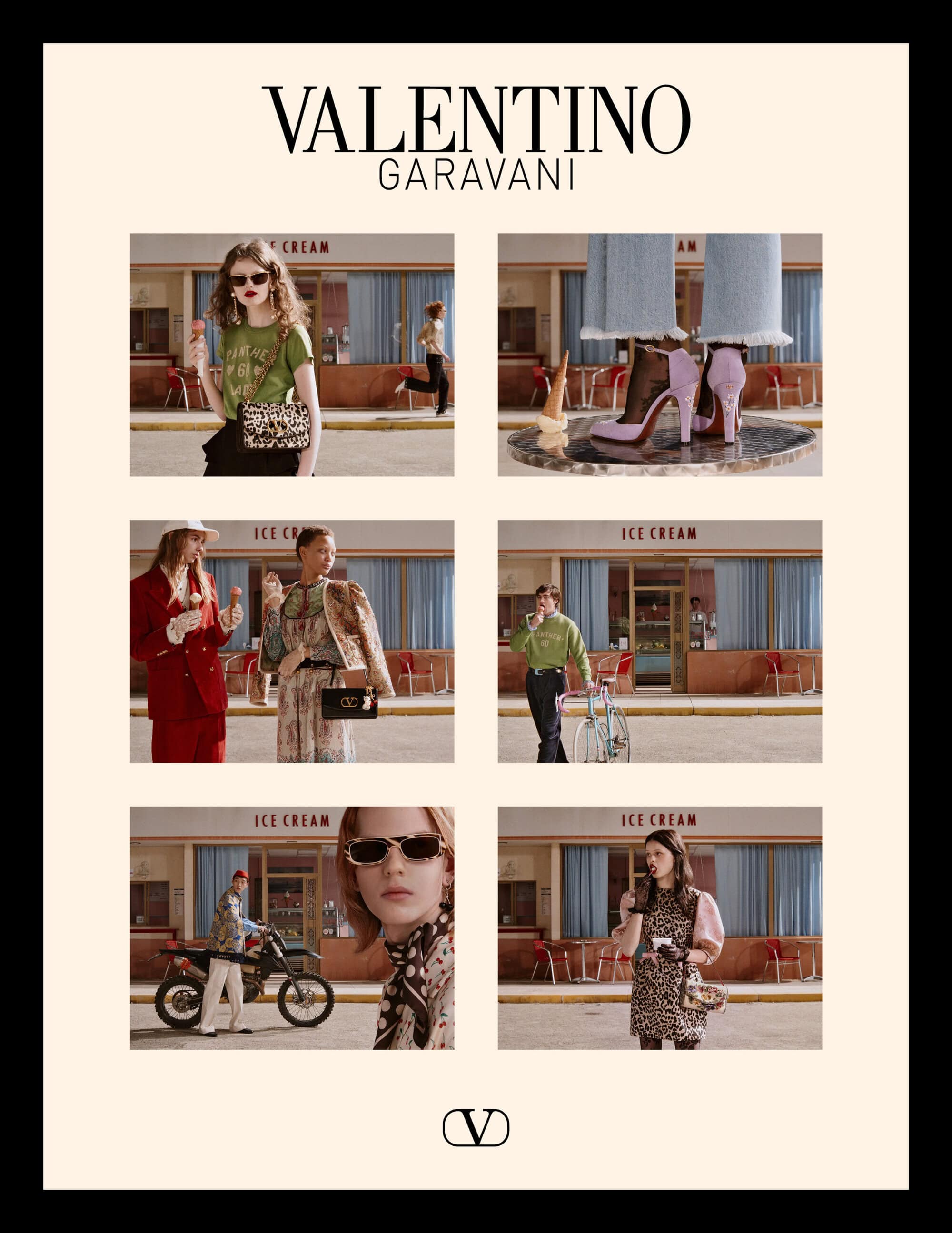 Valentino Garavani Fall 2025 ad campaign layout featuring six panels showcasing models, accessories, and apparel outside an ice cream shop.