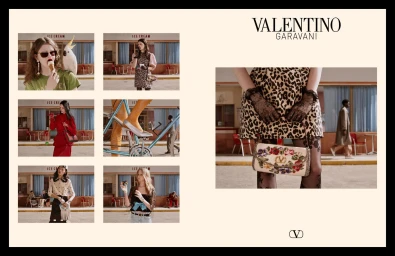 Valentino Garavani campaign layout showing multiple framed stills of models and an embroidered floral handbag against an ice cream diner background.