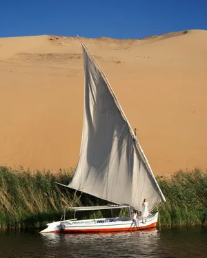Traditional wooden felucca sailboat on a river with tall reeds against a massive sand dune under a clear blue sky