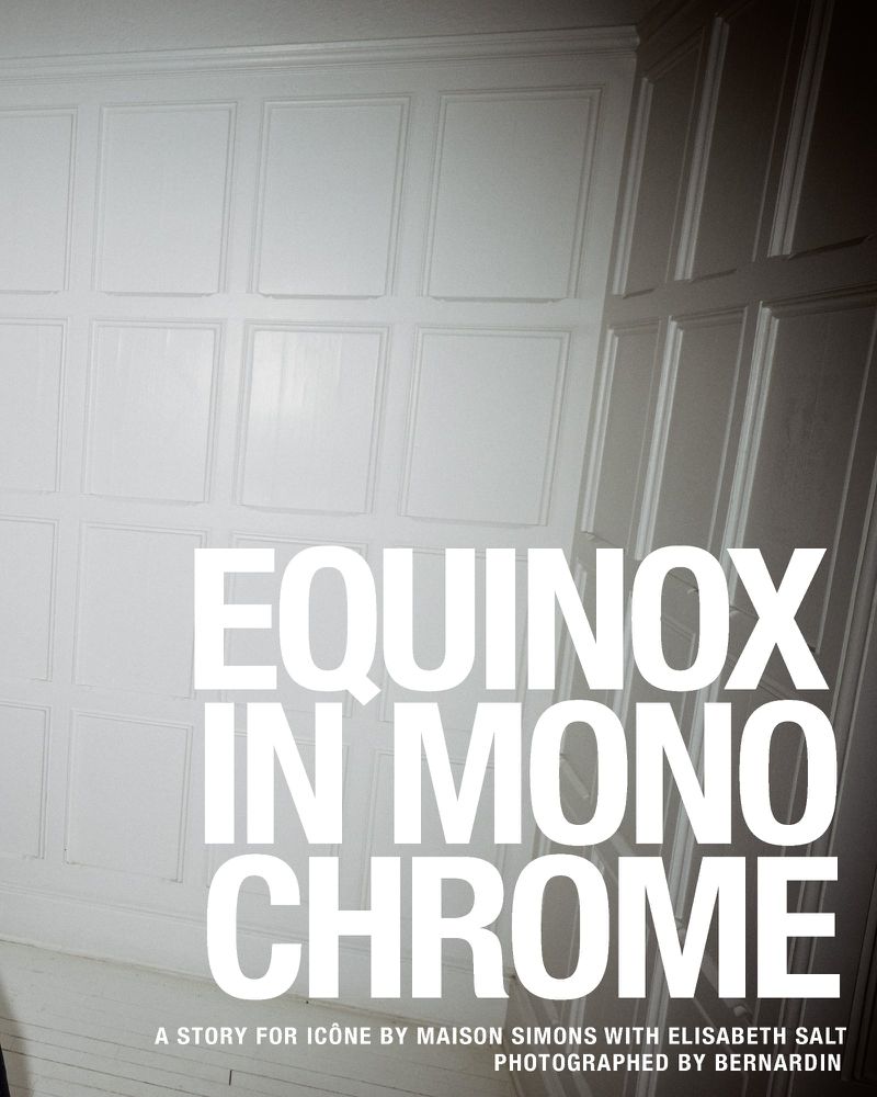 Monochromatic interior wall design with geometric paneling, and large white sans-serif typography stating "Equinox In Monochrome."