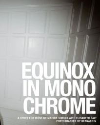 Interior shot featuring white panelled walls with large bold title typography reading EQUINOX IN MONOCHROME