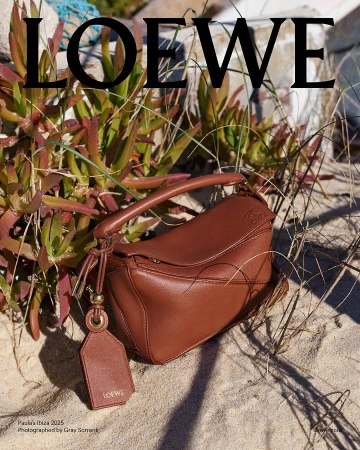 Brown leather shoulder bag resting on sandy ground amidst green coastal foliage under bright natural light.