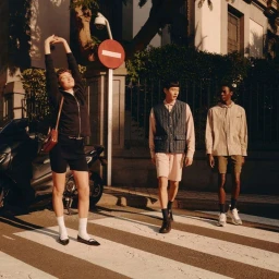 Three models walking across a street crosswalk in sunlight for the Maison Kitsune Spring 2025 campaign.