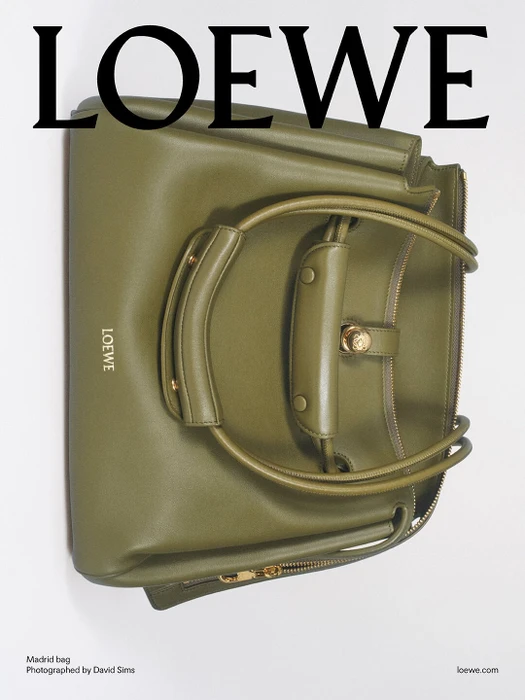 Olive green leather Loewe Madrid bag displayed against a plain white seamless studio background.