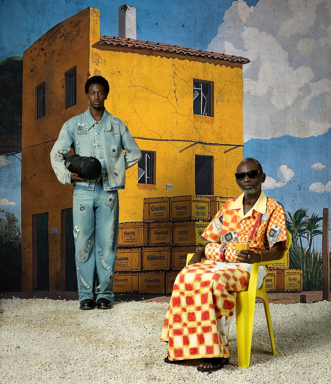 Two men posing in front of a painted yellow building backdrop, one standing in a denim set and one seated in patterned clothing.