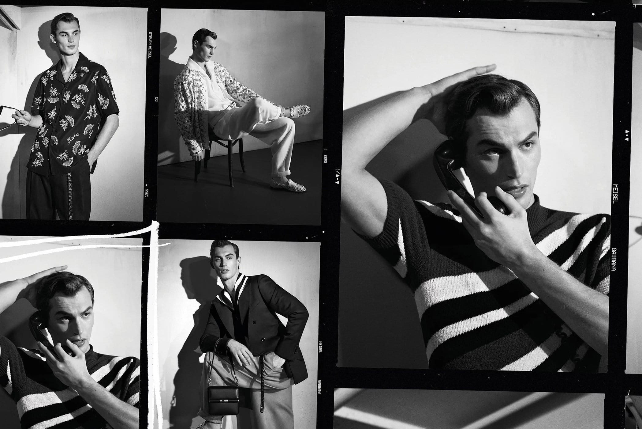 Black and white contact sheet layout featuring model Kit Butler in various poses for Dolce and Gabbana menswear.