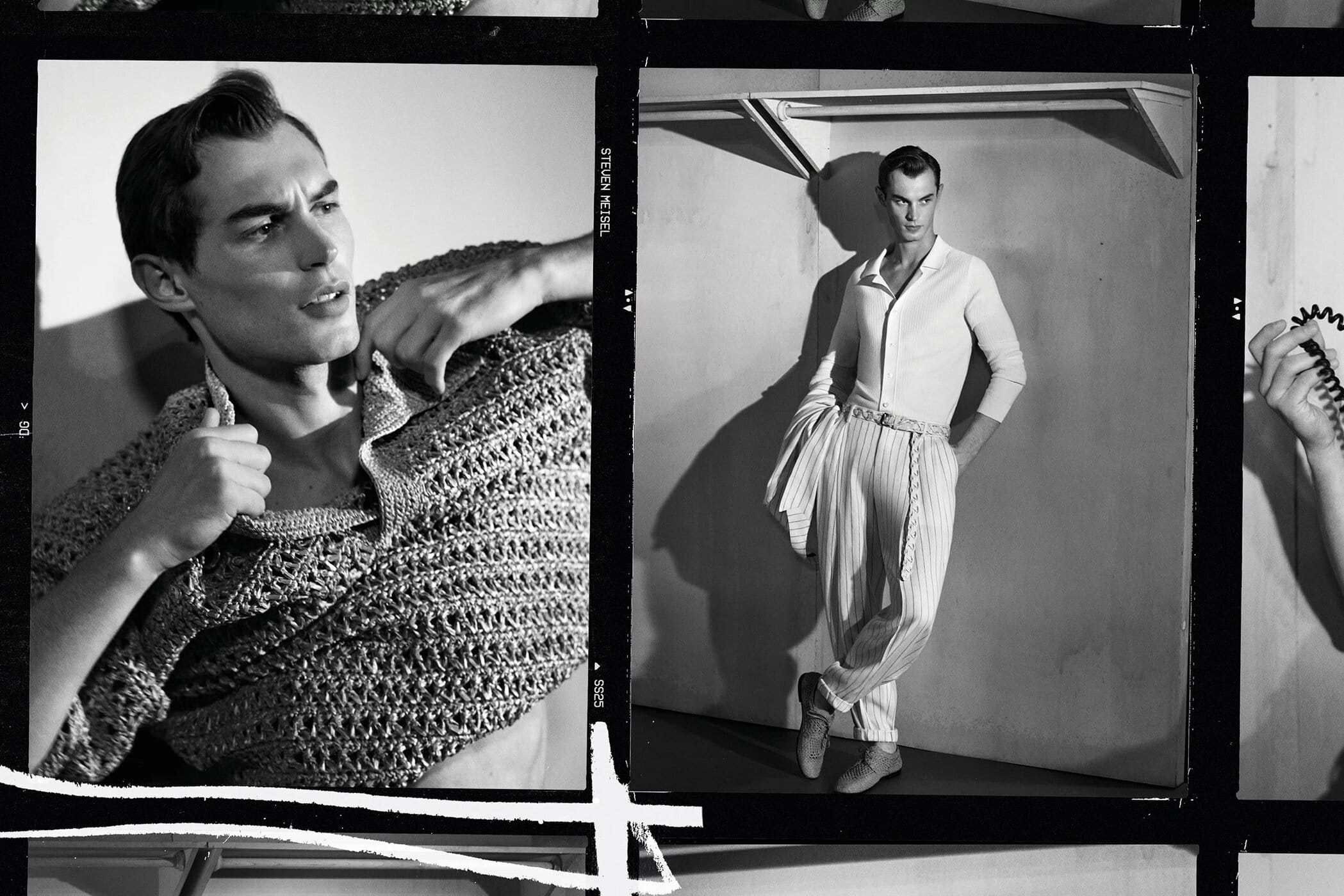 Monochrome contact sheet showing male model Kit Butler in textured knitwear and striped trousers for Dolce & Gabbana