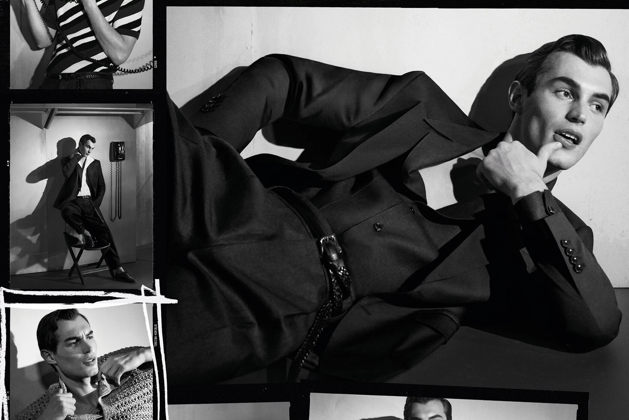 Monochrome collage featuring a male model in a black suit lying down, surrounded by inset photographic frames.
