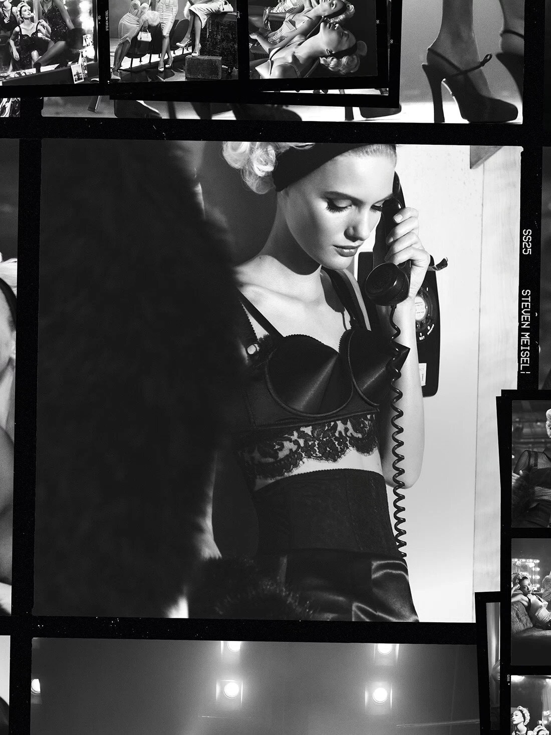 Model in dark lingerie holding a rotary telephone handset against a light background with contact sheet borders