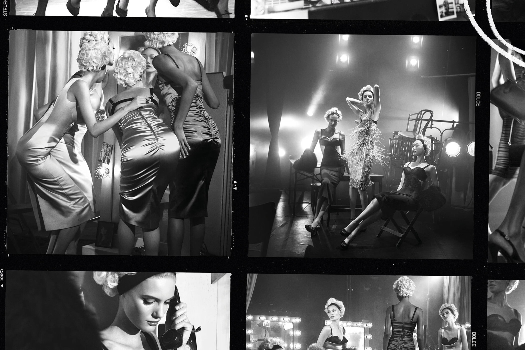 Black and white contact sheet style photograph featuring models in glamorous dresses in a backstage dressing room