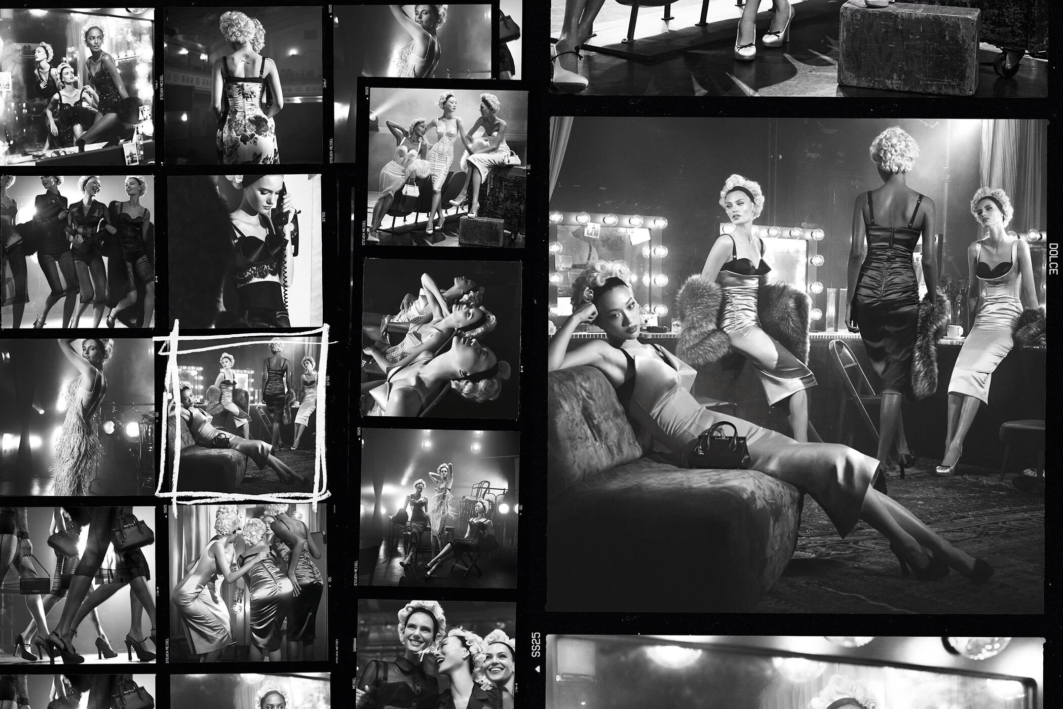Monochrome contact sheet featuring multiple fashion photographs of models in a dressing room setting for Dolce and Gabbana.