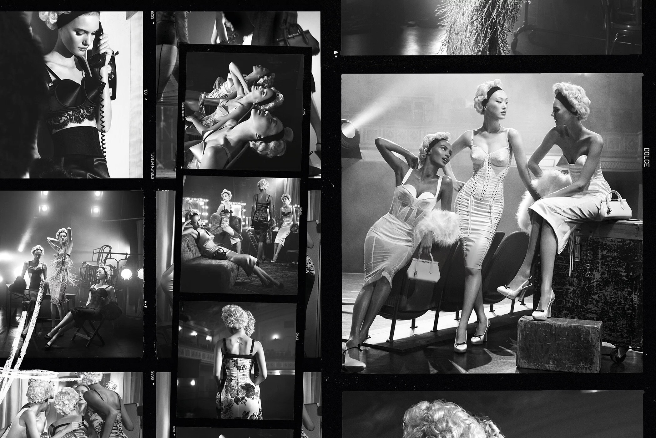 Monochrome contact sheet containing multiple photographs of female models in styled fashion campaign poses.