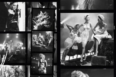 Monochrome contact sheet containing multiple photographs of female models in styled fashion campaign poses.