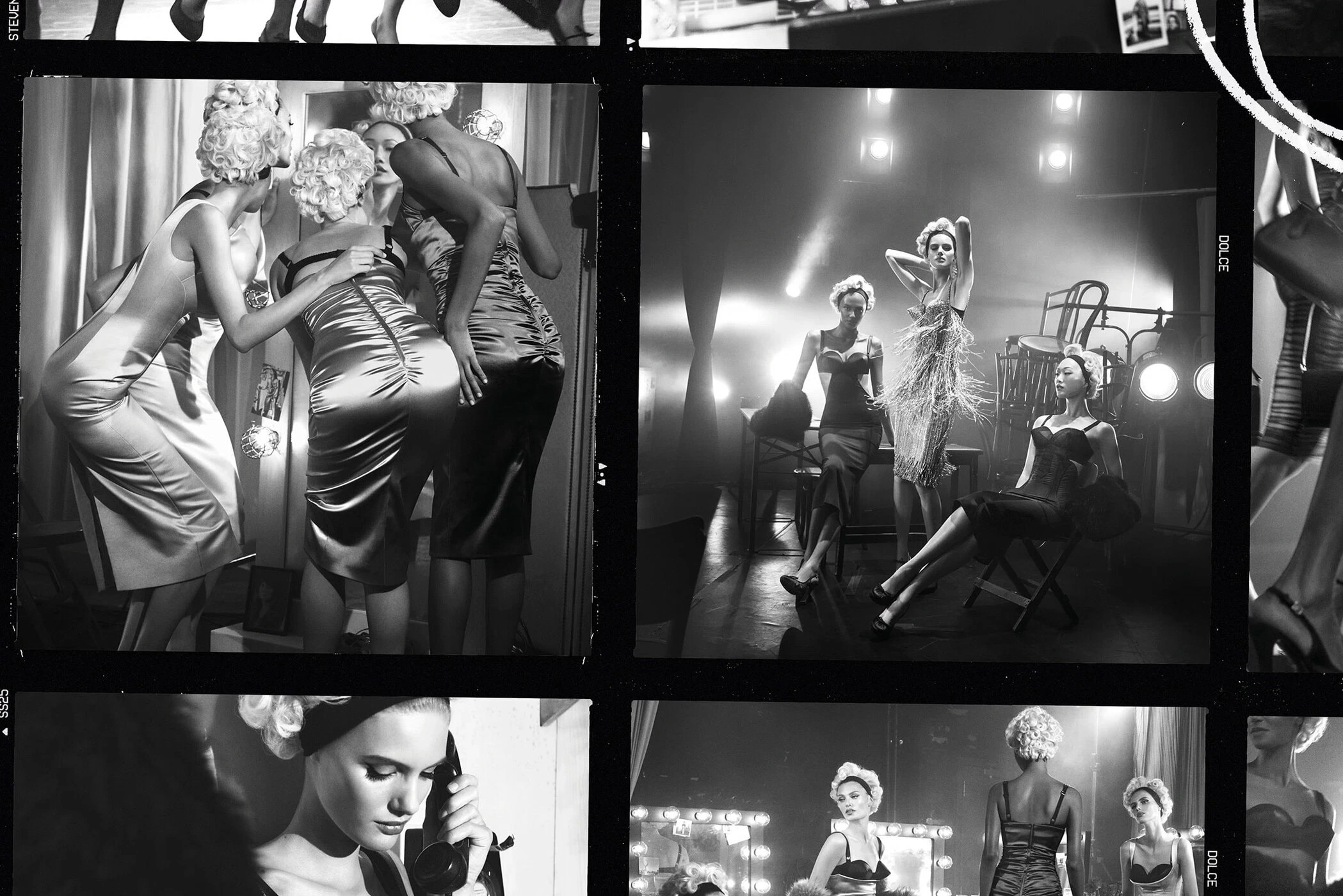 Black and white contact sheet style photograph featuring models in glamorous dresses in a backstage dressing room