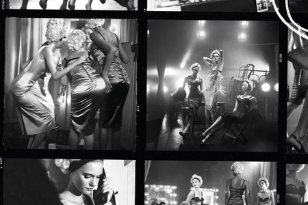 Black and white contact sheet style photograph featuring models in glamorous dresses in a backstage dressing room