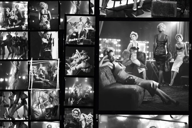 Monochrome contact sheet featuring multiple fashion photographs of models in a dressing room setting for Dolce and Gabbana.