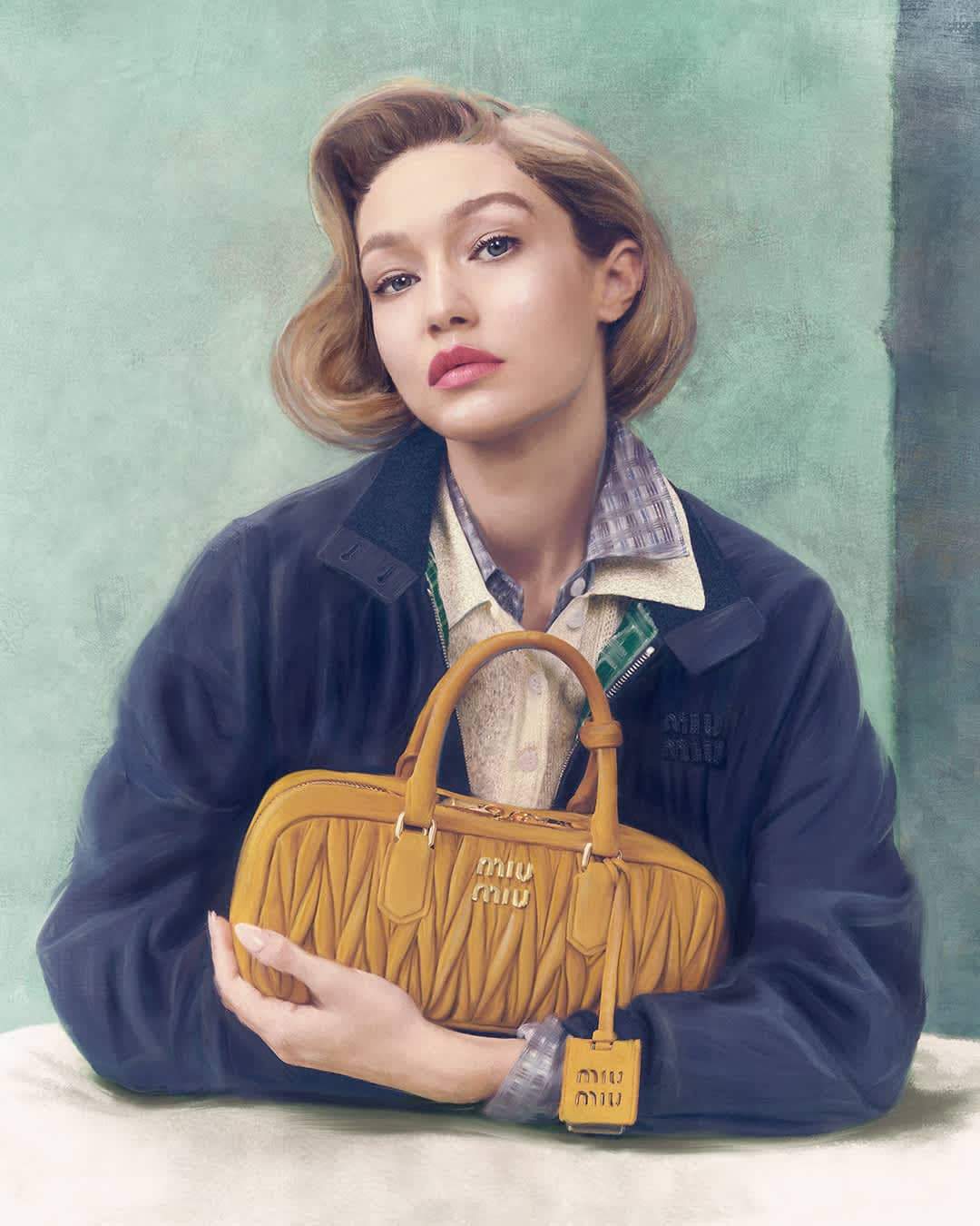Gigi Hadid holding a yellow leather handbag wearing a dark jacket for the Miu Miu campaign