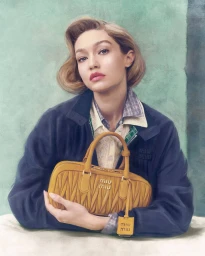 Gigi Hadid holding a yellow leather handbag wearing a dark jacket for the Miu Miu campaign