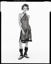 Model in printed halter dress and dark sandals against a white backdrop for the Zara Studio Spring 2025 ad campaign.