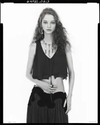 Model wearing a dark sleeveless top and dark skirt with ornate details against a plain white background in black and white.
