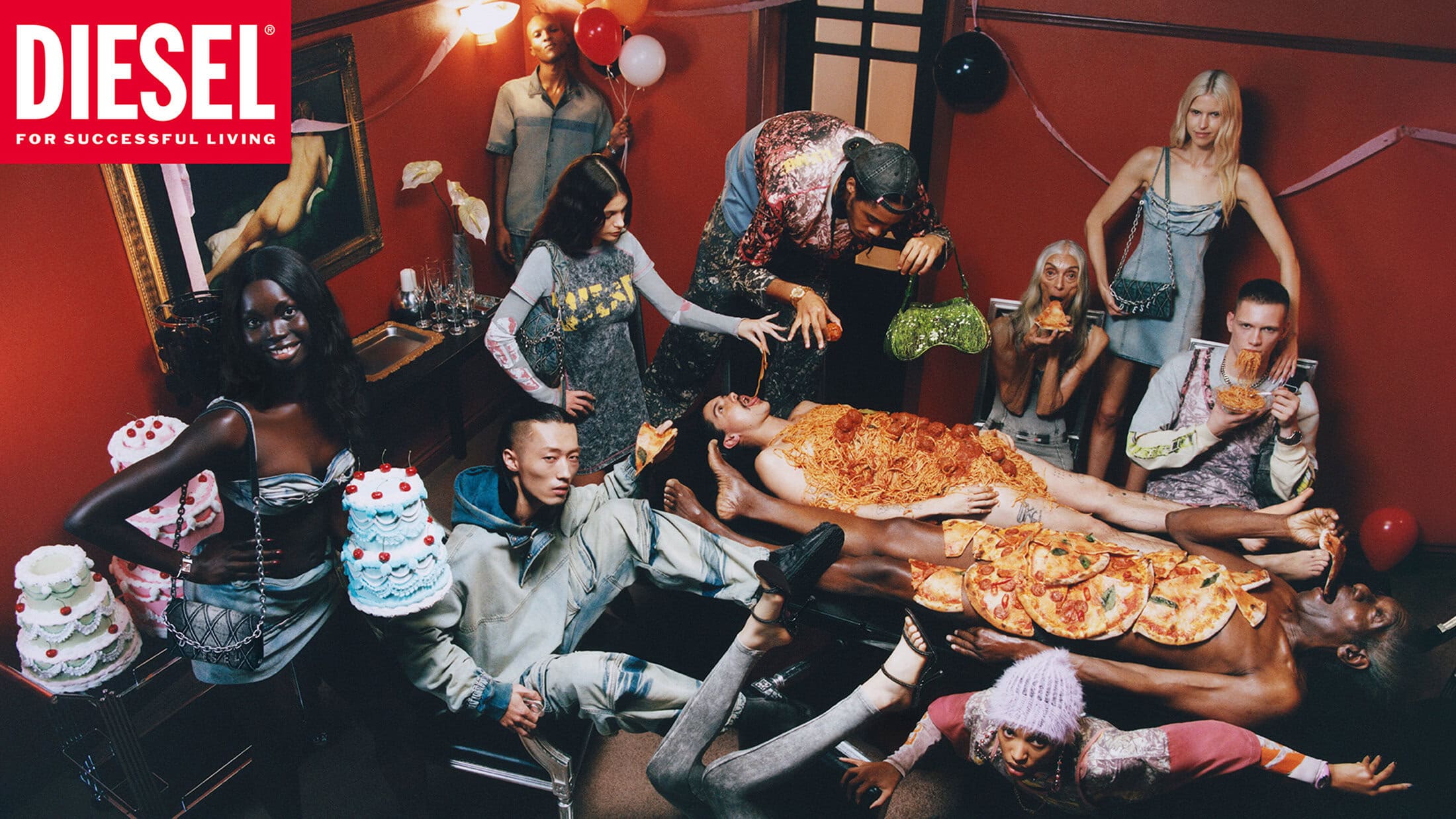 Group of models in a red room featuring people covered in pasta and pizza for Diesel Spring 2025 campaign