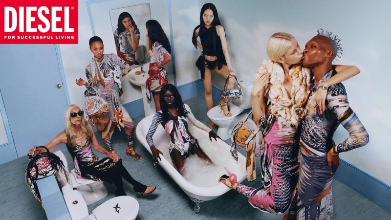 Group of diverse models posing in a surreal blue-toned domestic bathroom setting for Diesel Spring 2025 campaign.