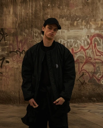 Young man wearing a black bomber jacket and baseball cap standing against a graffiti-covered concrete wall.