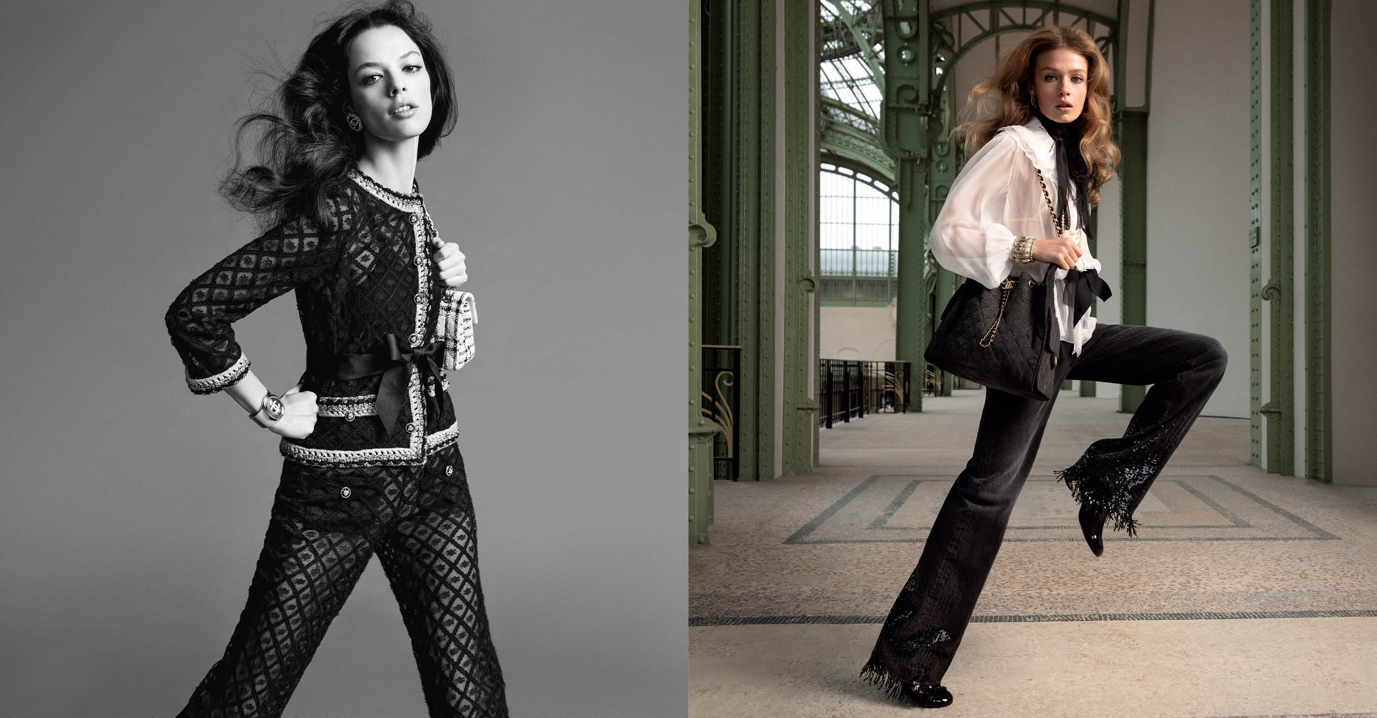 Model in a black patterned lace Chanel jacket and matching trousers posing against a grey studio backdrop