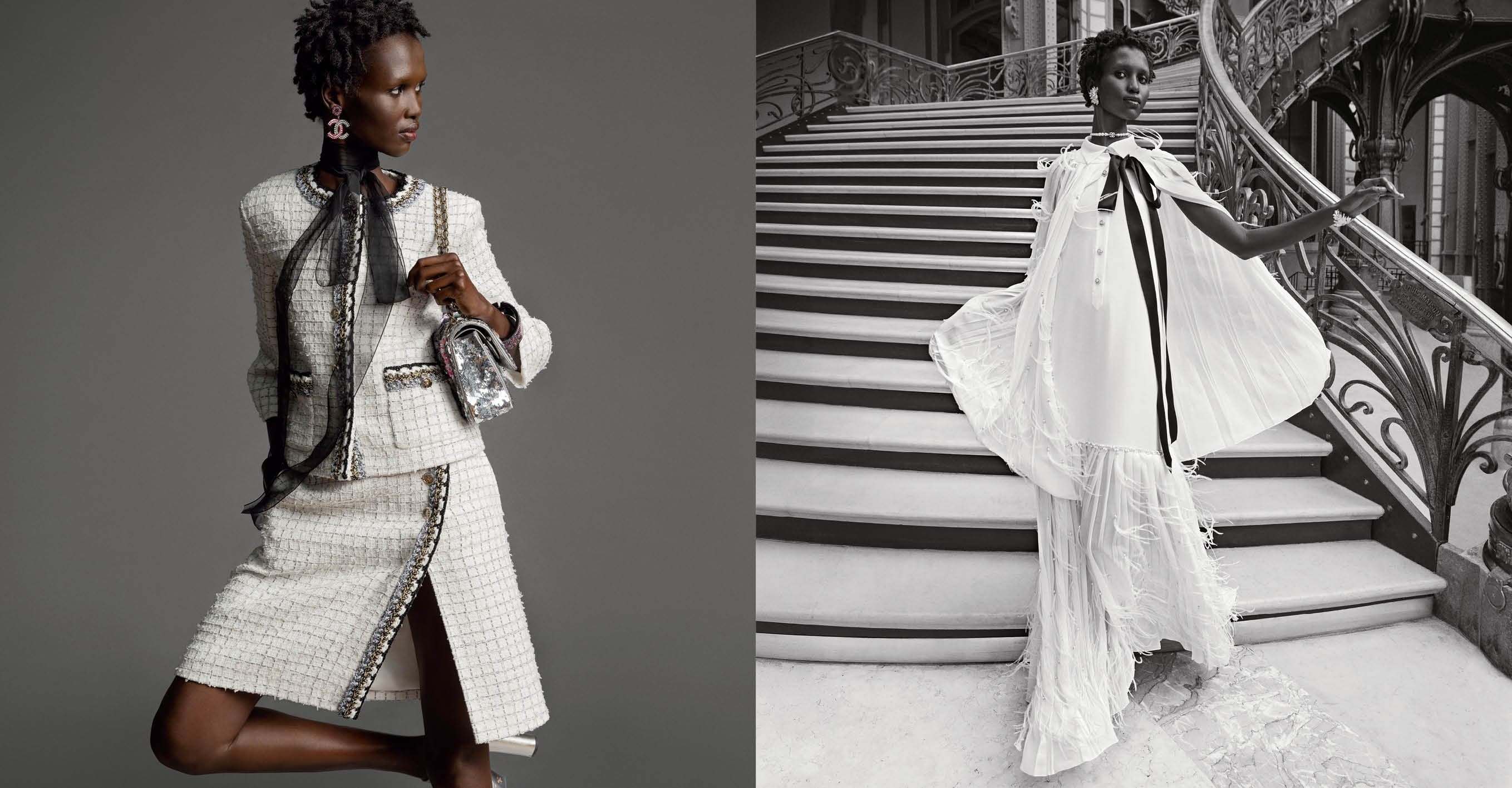 Model wearing a white tweed skirt suit with a black ribbon tie and holding a sequined handbag against a grey studio backdrop.