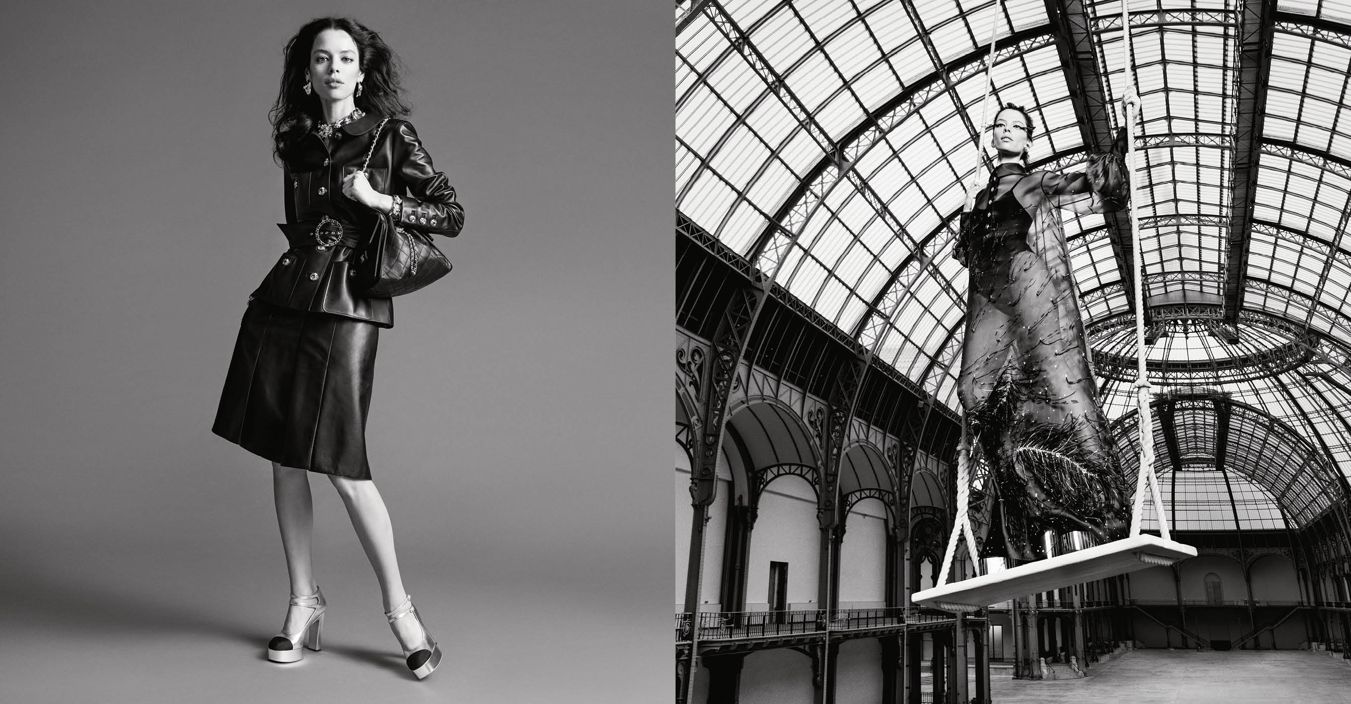 Black and white editorial diptych featuring a model in leather attire and another on a swing under an arched glass ceiling.